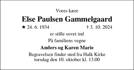 Dødsannoncen for Else Paulsen Gammelgaard - Haderslev