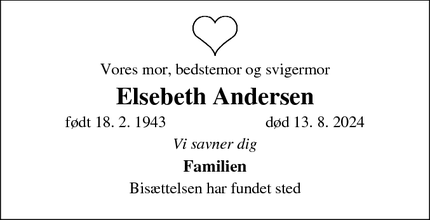 Dødsannoncen for Elsebeth Andersen - Skanderborg