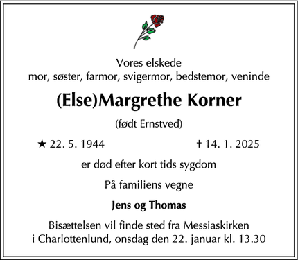 Dødsannoncen for (Else)Margrethe Korner - Frederiksberg