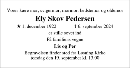 Dødsannoncen for Ely Skov Pedersen - Løsning