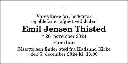 Dødsannoncen for Emil Jensen Thisted - Hadsund