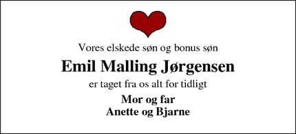 Dødsannoncen for Emil Malling Jørgensen - Søndersø