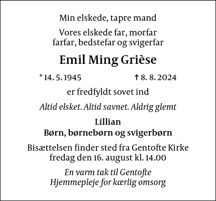 Dødsannoncen for Emil Ming Grièse - Gentofte