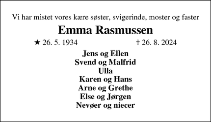 Dødsannoncen for Emma Rasmussen - Ikast