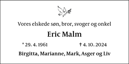 Dødsannoncen for Eric Malm - Bagsværd