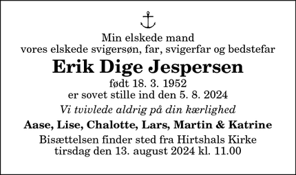 Dødsannoncen for Erik Dige Jespersen - Hirtshals