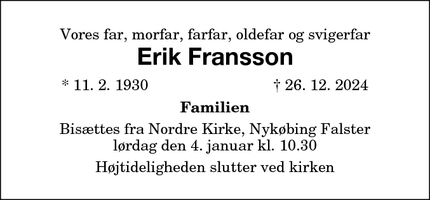 Dødsannoncen for Erik Fransson - Holte