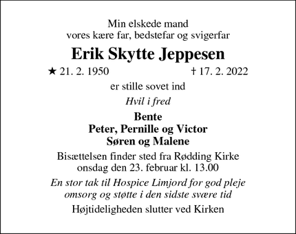 Dødsannoncen for Erik Skytte Jeppesen - Spøttrup