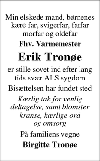 Dødsannoncen for Erik Tronøe - Tølløse