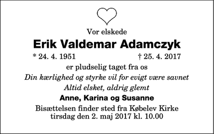 Dødsannoncen for Erik Valdemar Adamczyk - Sandby