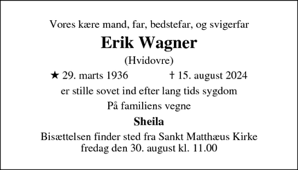 Dødsannoncen for Erik Wagner - Hvidovre