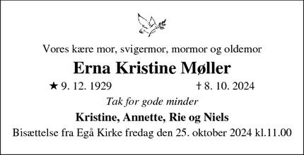 Dødsannoncen for Erna Kristine Møller - Egå