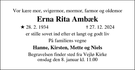 Dødsannoncen for Erna Rita Ambæk - Næstved