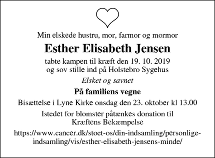 Dødsannoncen for Esther Elisabeth Jensen - Tarm