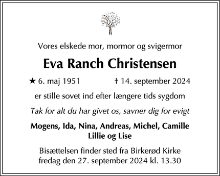 Dødsannoncen for Eva Ranch Christensen - Birkerød