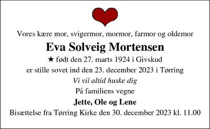 Dødsannoncen for Eva Solveig Mortensen - HAARBY