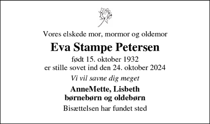 Dødsannoncen for Eva Stampe Petersen - Sorø