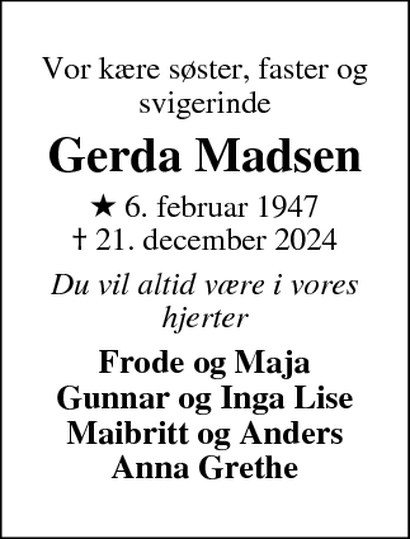 Dødsannonce – Gerda Madsen - Spjald 