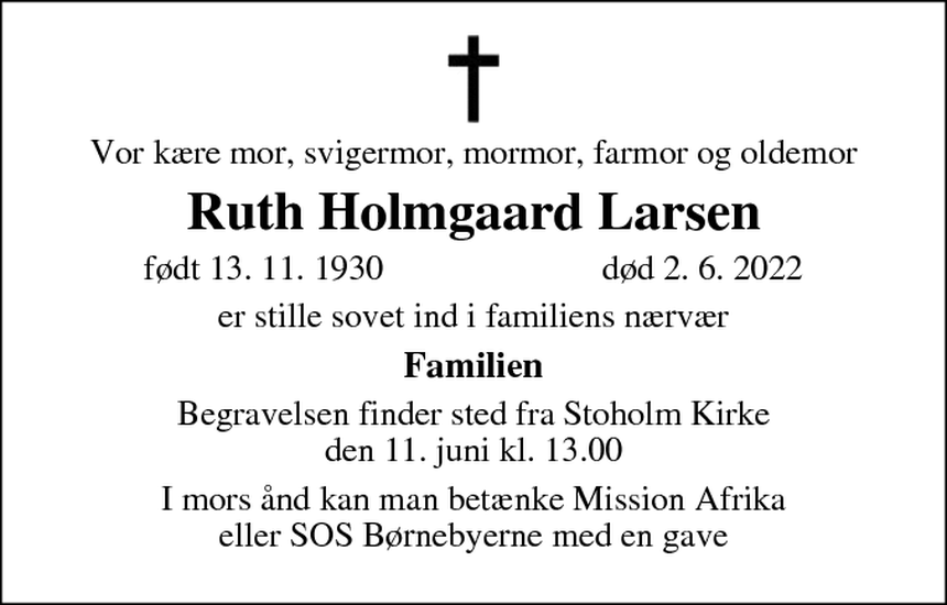 Dødsannonce Ruth Holmgaard Larsen København N Dødsannoncerdk 0886