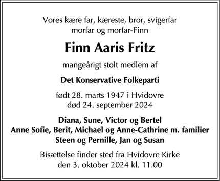 Dødsannoncen for Finn Aaris Fritz - Gadstrup