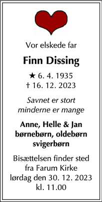 Dødsannoncen for Finn Dissing - Farum