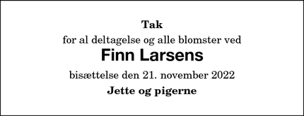 Dødsannoncen for Finn Larsens - Nykøbing F.