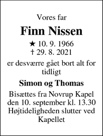 Dødsannoncen for Finn Nissen - Esbjerg