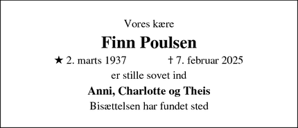 Dødsannoncen for Finn Poulsen - Dragør