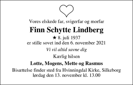 Dødsannoncen for Finn Schytte Lindberg - Silkeborg 