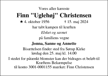 Dødsannoncen for Finn "Uglehøj" Christensen - Sørup