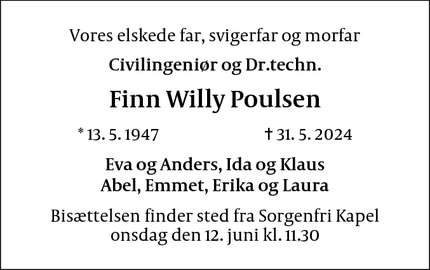 Dødsannoncen for Finn Willy Poulsen - Brønshøj