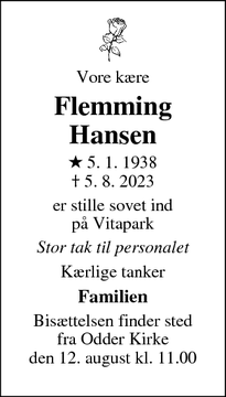 Dødsannoncen for Flemming
Hansen - Odder