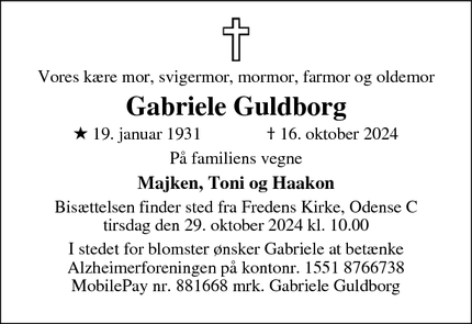 Dødsannoncen for Gabriele Guldborg - Odense