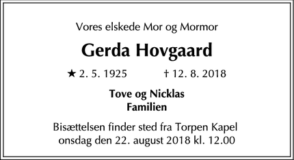 Dødsannoncen for Gerda Hovgaard - Smakkegårdsvej 32, 2820 Gentofte