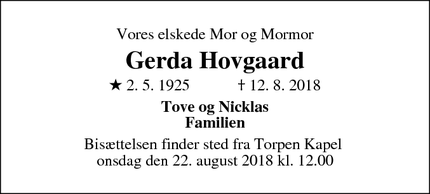 Dødsannoncen for Gerda Hovgaard - Smakkegårdsvej 32, 2820 Gentofte