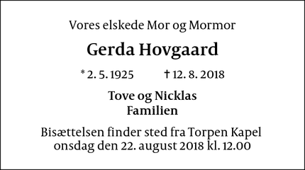 Dødsannoncen for Gerda Hovgaard - Smakkegårdsvej 32, 2820 Gentofte