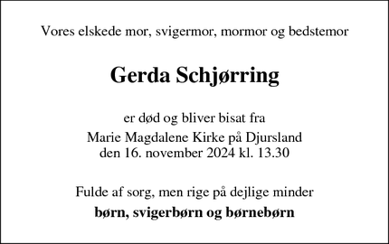 Dødsannoncen for Gerda Schjørring - Ryomgård