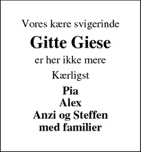 Dødsannoncen for Gitte Giese - Gudhjem 