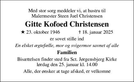 Dødsannoncen for Gitte Kofoed Christensen - Roskilde