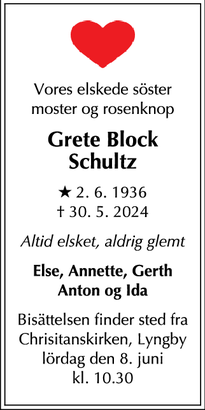 Dødsannoncen for Grete Block
Schultz - Lyngby