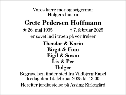 Dødsannoncen for Grete Pedersen Hoffmann - Vildbjerg