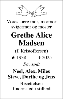 Dødsannoncen for Grethe Alice Madsen - Nykøbing Sjælland