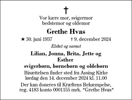 Dødsannoncen for Grethe Hvas - Frederikshavn