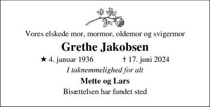 Dødsannoncen for Grethe Jakobsen - Vordingborg