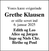 Dødsannoncen for Grethe Klausen - Holstebro