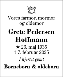 Dødsannoncen for Grete Pedersen
Hoffmann - Vildbjerg