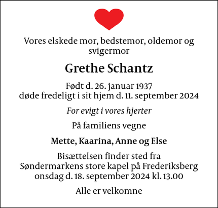 Dødsannoncen for Grethe Schantz - København S