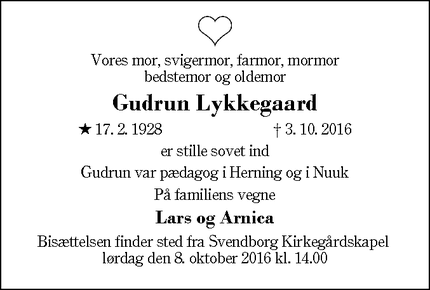 Dødsannoncen for Gudrun Lykkegaard - Herning