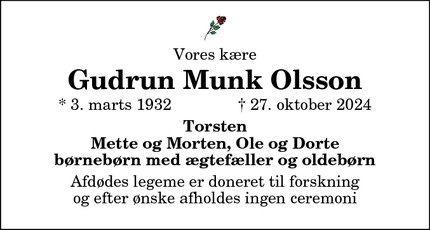 Dødsannoncen for Gudrun Munk Olsson - Vanløse