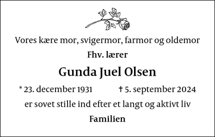 Dødsannoncen for Gunda Juel Olsen - Herlev